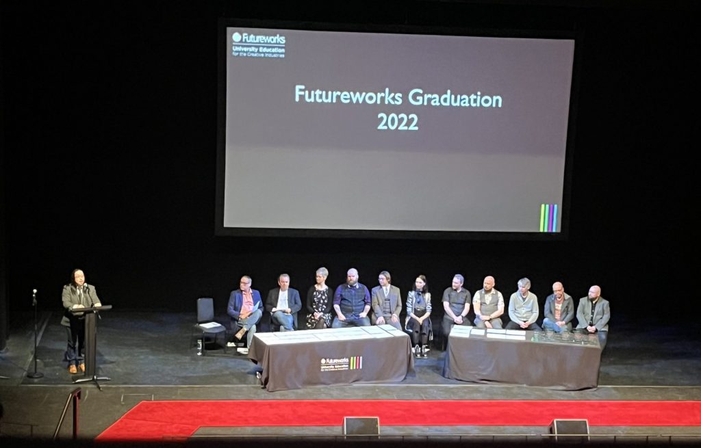 Futureworks tutors sat on stage at RNCM for Futureworks Graduation Ceremony