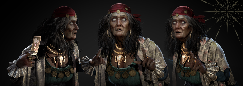 Detailed character portrait of an elderly fortune-teller-like figure wearing layered jewelry, a red headscarf, and patterned robes.