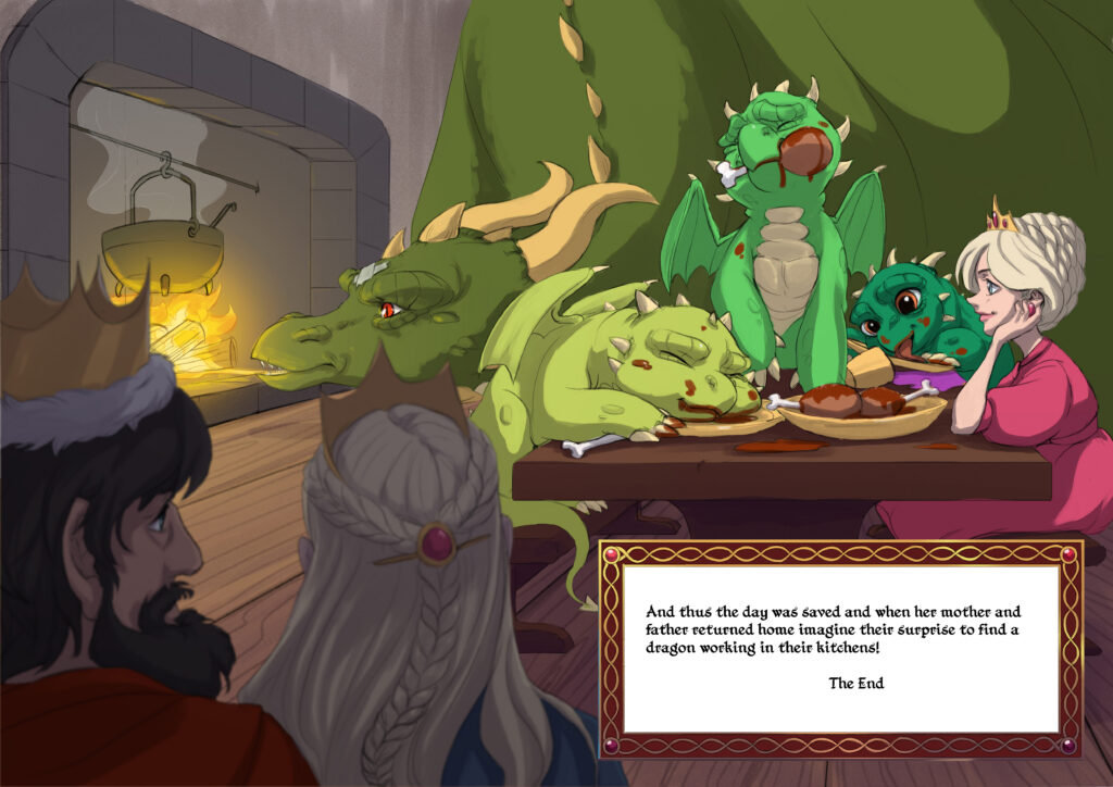 Fantasy banquet scene featuring dragons gathered around a table with a framed block of story text in the foreground.