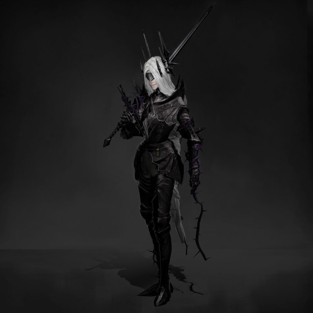 Dark fantasy character concept art featuring a figure in black spiked armor with white hair and a large sword against a dark background.