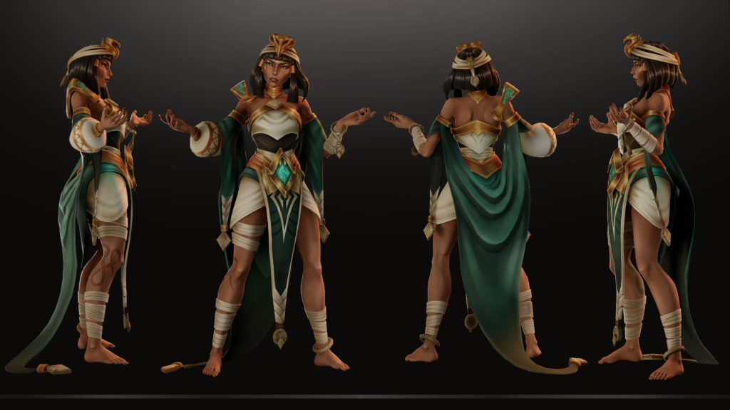 Character turnaround showing a stylized fantasy figure in green and gold attire from both front and back views.