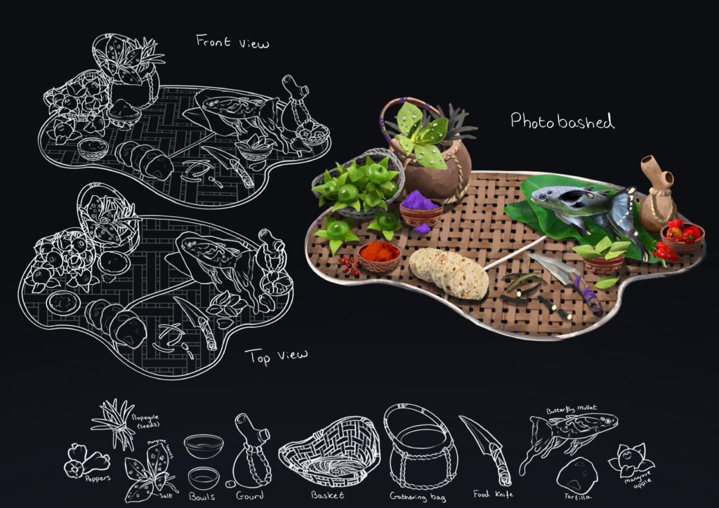 Game Art design board showing a decorative tray with plants, food items, and concept sketches on a dark background.