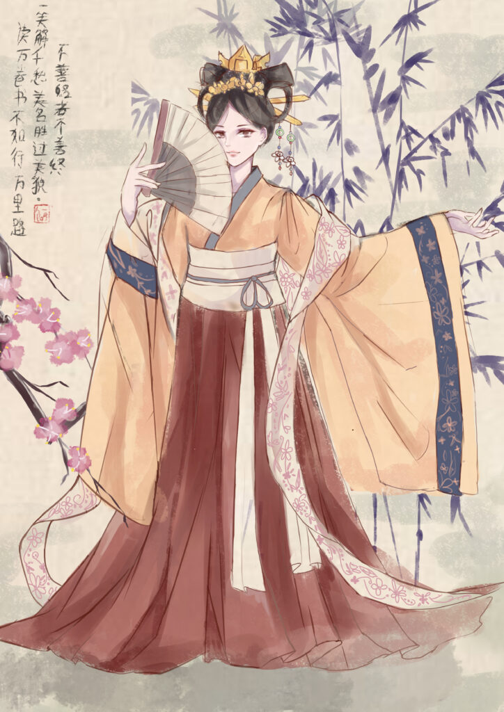Illustration of a woman in traditional Japanese-inspired clothing